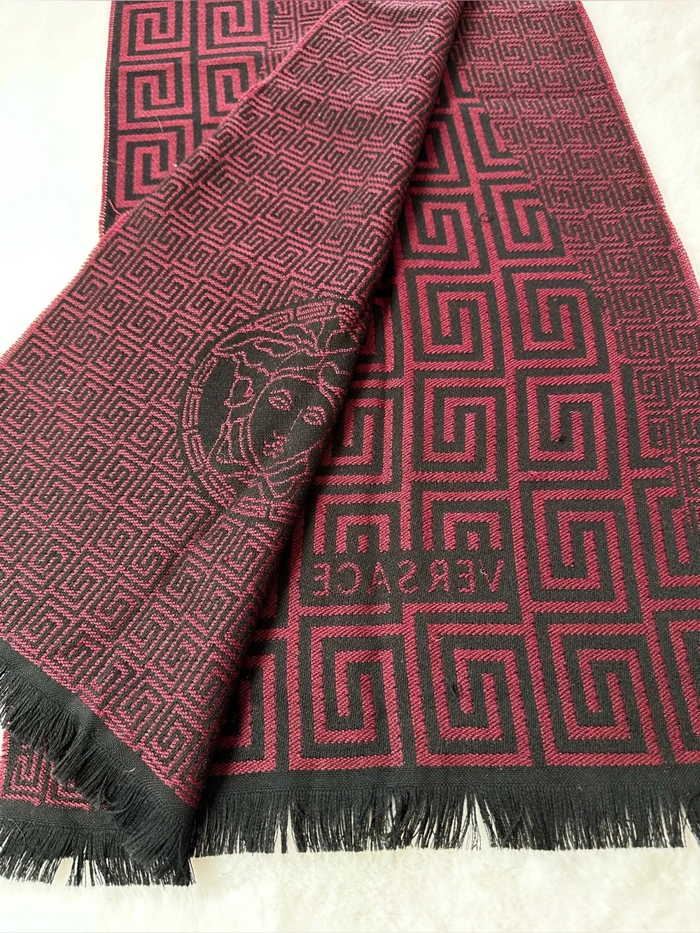 Versace Black & Burgundy Medusa Pattern Scarf